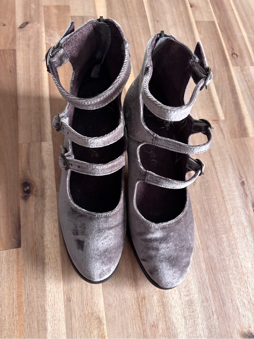 Velvet Triple-Strap Ankle Mary Janes taupe sz 38. Purchased from Anthropologie.
